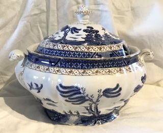 VINTAGE BOOTHS REAL OLD WILLOW HUGE GORGEOUS SOUP TUREEN A8025 GOLD TRIM VGUC 3