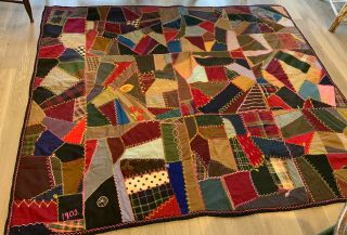 Antique/vintage Patchwork Crazy Quilt,  Wool,  Tweeds,  Suitings,  Embroidery,  1903