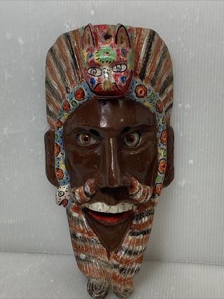 Vtg Wooden Hand Carved Mexican Folk Art Devil Trible Mask Cat Snake Man Face