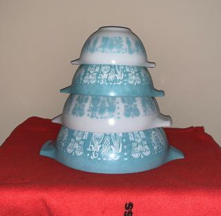 Set Of 4 Vintage Pyrex Amish Butterprint Cinderella Mixing Bowls Turquoise White