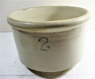 Near Antique 2 Gallon Open Stoneware Crock,  Low Profile,  White Glaze