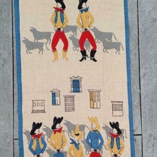 Rare Vintage Ivan Bartlett Dancing Cowboys Towel Matches Tablecloth