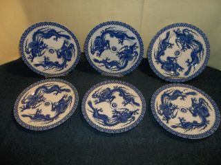 6 Rare Antique/ Vintage Chinese Blue & White Double Dragon Porcelain Plates 7 "