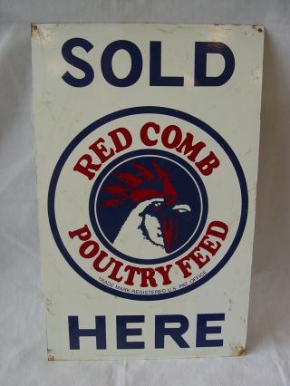 Vintage Red Comb Poultry Feed Here 16 " Advertising Sign Chickens Roosters