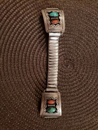 Vintage Native Navajo Sterling Silver Coral And Turquoise Men 