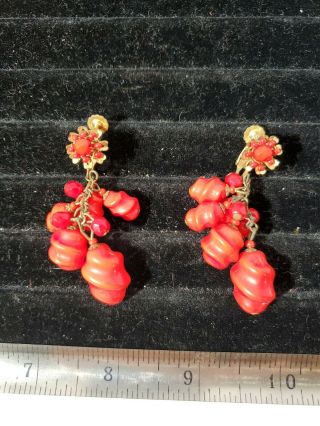 Vintage Miriam Haskell Dangle Red - Orange Glass Earrings Clip On Designer Signed