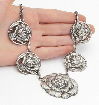 925 Sterling Silver - Vintage Sculpted Flowers Twist Link Chain Necklace - N3520