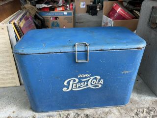 Vintage Drink Pepsi Cola Blue Metal Cooler Ice Chest Progress Refrigerator Co