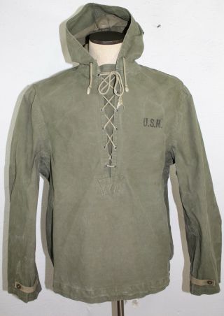 Vintage Ww2 Usn Us Navy Foul Weather Deck Parka Anorak Jacket Stencil Large 40s