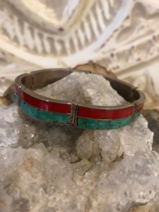 Vintage Sterling Silver Turquoise Red Coral Inlay Panel Bracelet