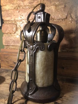 Antique Circa 1900 Slag Glass Arts And Crafts Hanging Light Fixture Lamp 11”