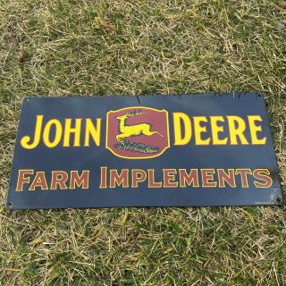 Vintage John Deere Farm Implements” Porcelain Metal Tractor Shop Farm Sign 18x8”