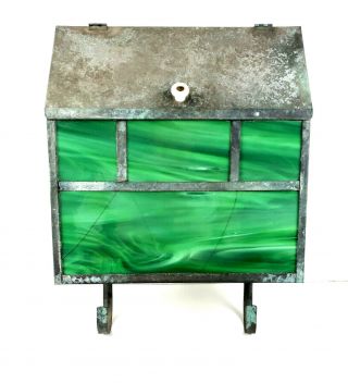 Antique Vintage Green Swirl Slag Stained Art Glass Copper Metal Large Mailbox