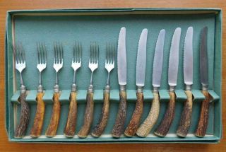 Quality Vintage Knife & Fork Stag Handle Steak Set For 6 Wellenschliff Hack