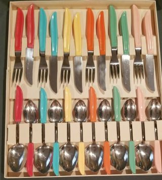 Vintage Set 6 Serve Fiesta Quikut Stainless Knives Forks Spoons Orig.  Box Set