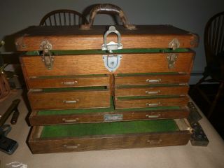 Vintage Oak Union Steel Chest Corp Machinist 7 Drawer Wooden Tool Box