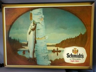 Vintage Schmidt’s Beer Sign Light Up Back Bar Fisherman Trout Fish Lake Scene