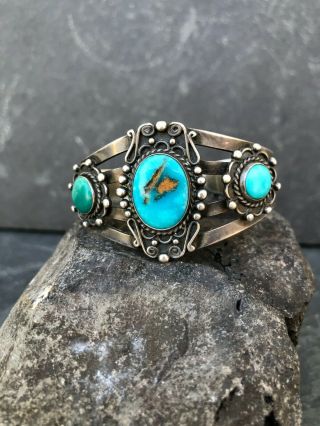 Vintage Navajo Southwestern Fred Harvey Sterling Silver Turquoise Cuff Bracelet