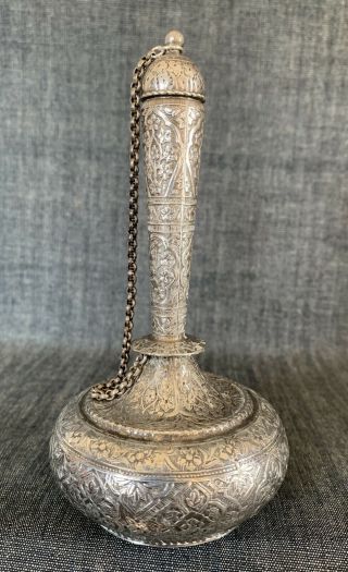 Antique C19th Indian - Middle Eastern Silver Rose Water Bottle & Cover