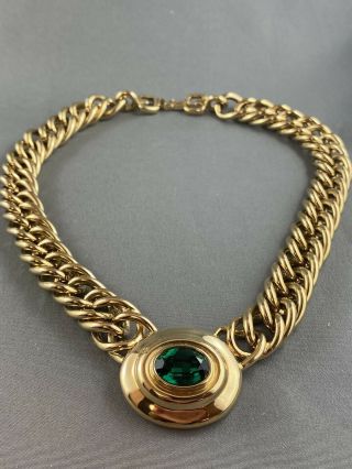 Vintage Signed Givenchy Bold Link Chain Runway Necklace Green Emerald Glass