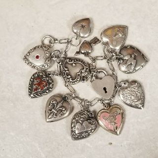 Vtg Sterling Silver Repousse Puffy Heart Charm Bracelet 11 Charms 19.  39 Grams