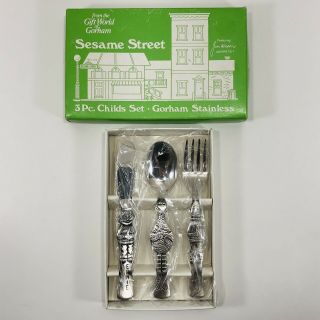 Vintage 1976 Sesame Street Gorham Stainless 3 Piece Childs Set Knife Fork Spoon
