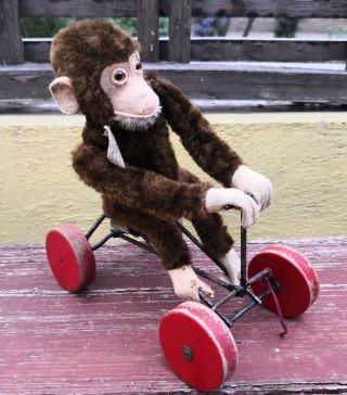 Vtg Us - Zone Germany Steiff Record Peter Monkey On Wheels - Wheeled Pull Toy