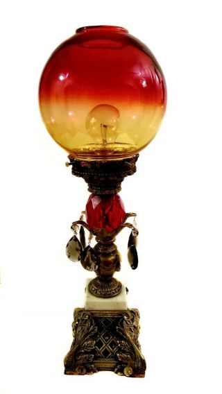 Vintage Glass And Brass Red Globe Lamp With 6 Dropping Crystals 23 " Tall