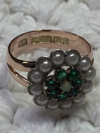 Fine Antique 9k 375 Rose Gold Ring Seed Pearls,  Opal & Green Stones C 1700’s