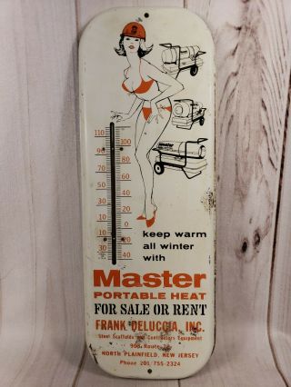 Vintage 16” Pinup Master Portable Heat Advertising Thermometer Metal Sign Nj Tin