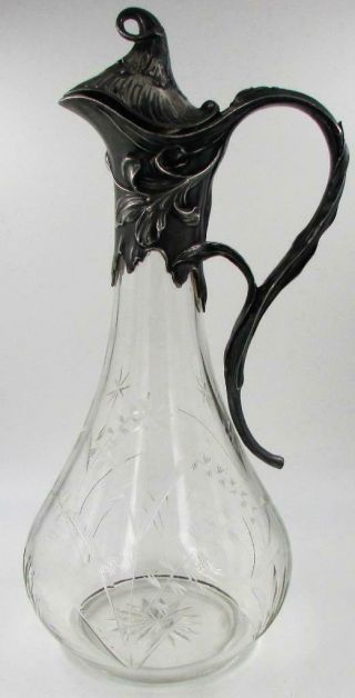 Antique Wheel Cut Glass Pitcher Decanter With Elegant Silver Plate Handle / Lid
