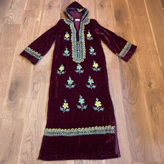 Vintage 1960s 60s Embroidered Velvet Caftan Dress With Hood Boho Clothing Xs