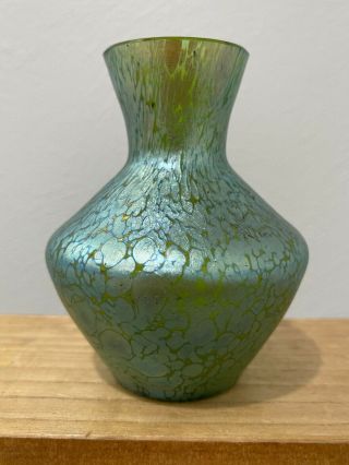 Vtg Antique Loetz Green Art Glass Vase W/ Blue Green Iridescent Oil Spot Design