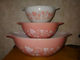 Vintage Pyrex Pink/white Gooseberry Cinderella Bowls; 441,  442,  444 (set Of 3)