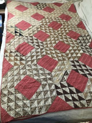 Antique Flying Geese Quilt Early Pink And Brown Calico Fabric 1800s Primitive