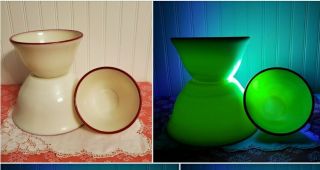 Vintage Mckee Custard Glass Red Rim Mixing Bowls Set Of (3) 9,  7 & 6 Inch Glows