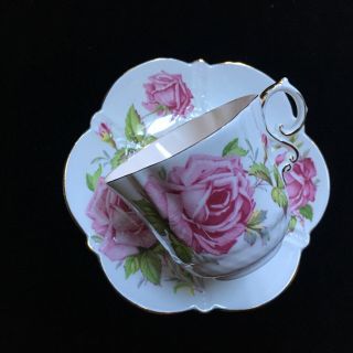 Aynsley Quatrefoil Pink Tea Cup & Saucer Large Pink Cabbage Roses C1920 Vintage