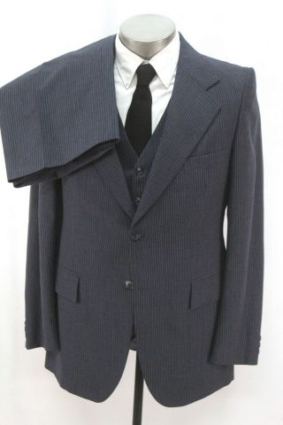 Vintage 70s Mens Navy Blue Stripe Yves Saint Laurent Ysl 3pc Pant Suit Wool 40 R