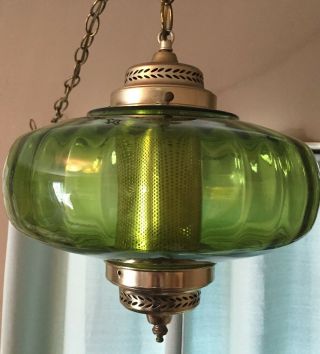 Vintage Mcm Glass Hanging Green Light Swag Lamp Saucer Diffuser Mid Century 60 
