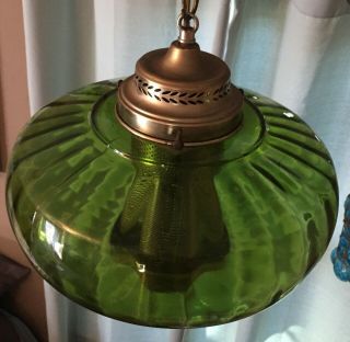 Vintage MCM Glass Hanging Green Light Swag Lamp Saucer Diffuser Mid century 60 ' s 3