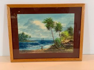 Vintage Watercolor Painting Of Island Beach Seascape Signed By Artist Framed