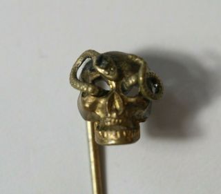Antique 19thc Victorian Gold Filled Trembler Snake & Skull Stick Pin