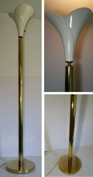 Vintage Hollywood Regency Floor Lamp Gold Metal Ceramic Tulip Torchiere Mcm