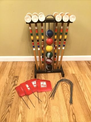 Vintage Forster Croquet Set 6 Mallets Balls Wickets Flags Stakes Rack Complete