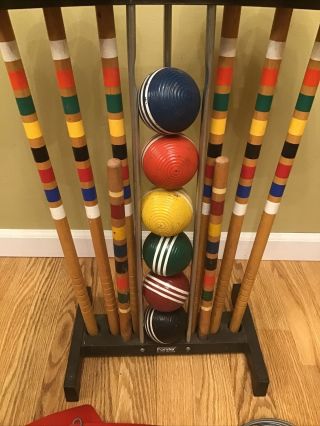 Vintage Forster Croquet Set 6 Mallets Balls Wickets Flags Stakes Rack Complete 2
