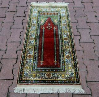 Anatolian Silk Carpet Turkish Vintage Unique Handmade Colorful Prayer Rug 2x4 Ft