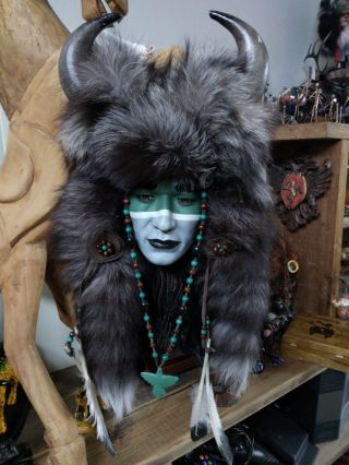 Vintage Native American Spirit Mask Wall Hanging Face Plaster Feathered Fur Head