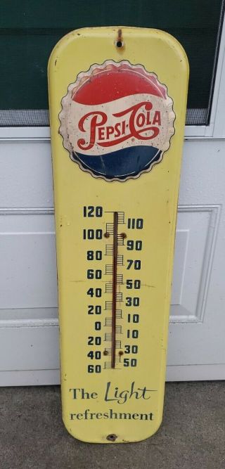 Vintage 1955 Pepsi - Cola Metal Embossed Thermometer Sign 27 "