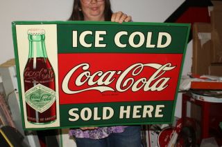 Rare Vintage Coca Cola Paper Label Bottle Soda Pop 28 " Metal Sign
