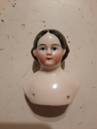 Antique 2 ½ " Porcelain China German Doll Head Black Hair Blue Eyes